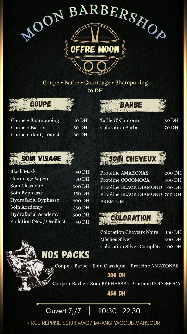 Menu Moon Barbershop avec tous les tarifs